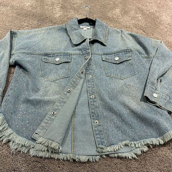 Sparkle denim jacket/Shacket! Frayed bottom! Tons of sparkle all over. Size S - Picture 3 of 9
